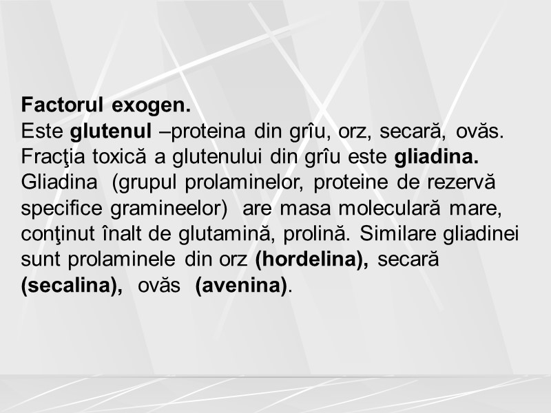 Factorul exogen.  Este glutenul –proteina din grîu, orz, secară, ovăs.  Fracţia toxică